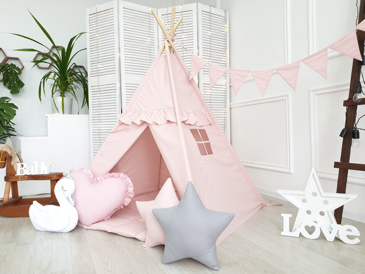 Girls indoor play tent, pink teepee with window and mat
