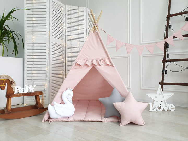 Pink birthday teepee tent with star cushions and play mat
