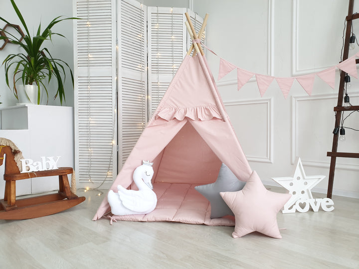Handmade pink kids teepee with window and floor mat