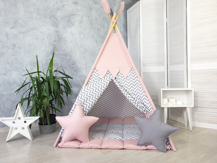 Toddler play tent in boho nursery decor Pink & Gray Shevron Teepee Tent – Play Tent for Kids | 1st Birthday Gift | Children's Room Teepee for Boys & Girls hellolittlefox teepee-tent-play-tents-1st-birthday-girl-gift-childrens-room-teepee-teepee-tent-for-kids-play-tents-for-boys-and-girls-play-teepee hellolittlefox.myshopify.com