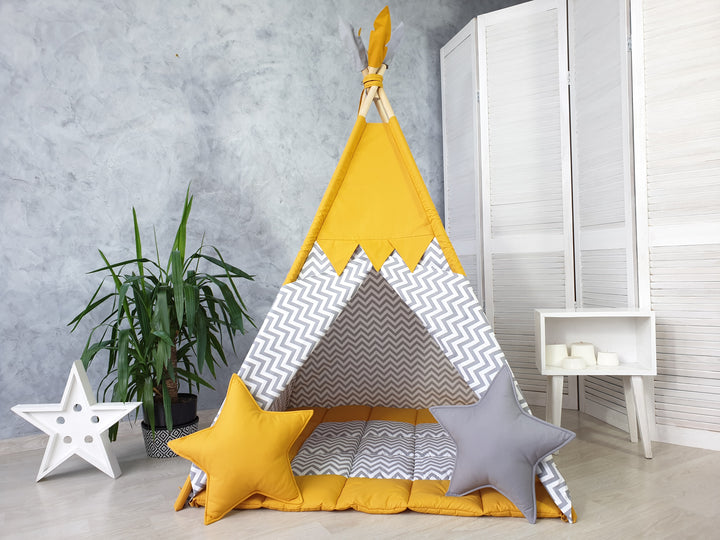 Mustard kids teepee tent with cotton play mat Mustard & Gray Chevron Toddler Teepee – Stylish Neutral Play Tent for Boys & Girls | Cozy Indoor Playhouse hellolittlefox toddler-teepee-tent-for-kids-mustard-color-playhouse-neutral-teepee-print-indoor-playzone-for-boys-girls hellolittlefox.myshopify.com