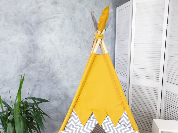 Neutral toddler tipi in modern nursery Mustard & Gray Chevron Toddler Teepee – Stylish Neutral Play Tent for Boys & Girls | Cozy Indoor Playhouse hellolittlefox toddler-teepee-tent-for-kids-mustard-color-playhouse-neutral-teepee-print-indoor-playzone-for-boys-girls hellolittlefox.myshopify.com