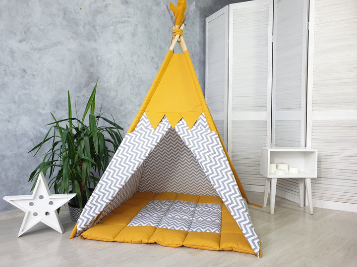 Yellow play tent for boys and girls Mustard & Gray Chevron Toddler Teepee – Stylish Neutral Play Tent for Boys & Girls | Cozy Indoor Playhouse hellolittlefox toddler-teepee-tent-for-kids-mustard-color-playhouse-neutral-teepee-print-indoor-playzone-for-boys-girls hellolittlefox.myshopify.com