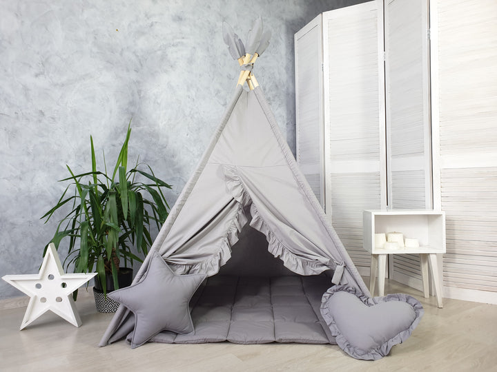 Montessori teepee setup for boys and girls Gray Minimalist Kids Teepee Tent | Neutral Cotton Play Tent for Boys and Girls | Montessori Indoor Playhouse | Toddler Gift Idea hellolittlefox gray-teepee-tent-with-ruffles hellolittlefox.myshopify.com Gray Minimalist Kids Teepee Tent | Neutral Cotton Play Tent for Boys and Girls | Montessori Indoor Playhouse | Toddler Gift Idea hellolittlefox gray-teepee-tent-with-ruffles hellolittlefox.myshopify.com