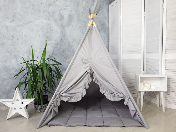 Toddler teepee with neutral gray fabric Gray Minimalist Kids Teepee Tent | Neutral Cotton Play Tent for Boys and Girls | Montessori Indoor Playhouse | Toddler Gift Idea hellolittlefox gray-teepee-tent-with-ruffles hellolittlefox.myshopify.com Gray Minimalist Kids Teepee Tent | Neutral Cotton Play Tent for Boys and Girls | Montessori Indoor Playhouse | Toddler Gift Idea hellolittlefox gray-teepee-tent-with-ruffles hellolittlefox.myshopify.com
