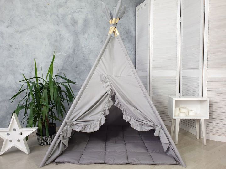Modern kids room with gray tipi tent Gray Minimalist Kids Teepee Tent | Neutral Cotton Play Tent for Boys and Girls | Montessori Indoor Playhouse | Toddler Gift Idea hellolittlefox gray-teepee-tent-with-ruffles hellolittlefox.myshopify.com Gray Minimalist Kids Teepee Tent | Neutral Cotton Play Tent for Boys and Girls | Montessori Indoor Playhouse | Toddler Gift Idea hellolittlefox gray-teepee-tent-with-ruffles hellolittlefox.myshopify.com