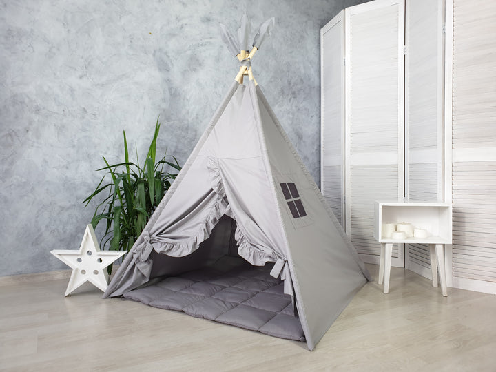 Gray play tent with stabilizing kit
 Gray Minimalist Kids Teepee Tent | Neutral Cotton Play Tent for Boys and Girls | Montessori Indoor Playhouse | Toddler Gift Idea hellolittlefox gray-teepee-tent-with-ruffles hellolittlefox.myshopify.com Gray Minimalist Kids Teepee Tent | Neutral Cotton Play Tent for Boys and Girls | Montessori Indoor Playhouse | Toddler Gift Idea hellolittlefox gray-teepee-tent-with-ruffles hellolittlefox.myshopify.com