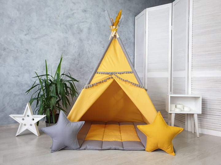 Gray mustard playhouse tent with window Gray & Mustard Kids Teepee Tent | Modern Neutral Play Tent for Toddlers | Personalized Indoor Wigwam | Christmas Gift for Boys & Girls hellolittlefox toddler-teepee-tent-kids-playhouse-wigwam-neutral-gray-tipi-for-indoor-play-boho-style-play-zone-for-boys-gray-teepee-for-kids hellolittlefox.myshopify.com