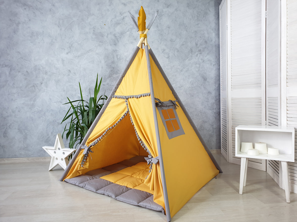 hello tent Gray & Mustard Kids Teepee Tent for Kids | Cotton Wigwam