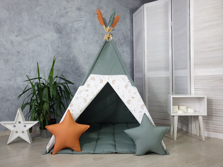 Toddler sitting in cotton play tent Sage Green & Rainbow Kids Teepee Tent – Ideal Birthday Gift for Toddlers | Playhouse for Boys & Girls hellolittlefox personalized-first-birthday-gifts-for-kids-teepee-tent-for-kids-playhouse-for-kids-2nd-birthday-gift-sage-green-teepee-tent hellolittlefox.myshopify.com