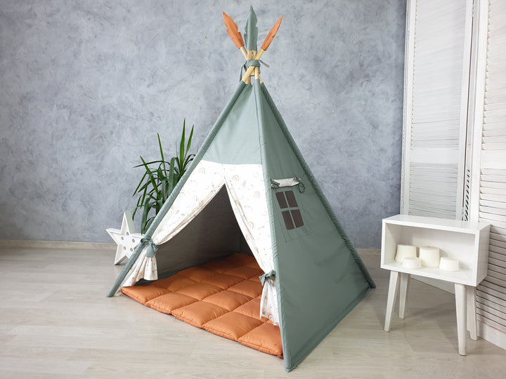 Christmas gift play tent for toddler Sage Green & Rainbow Kids Teepee Tent with Mat – 1st Birthday or Christmas Gift | Indoor Tipi Tent for Toddlers | Neutral Wild One Teepee hellolittlefox kids-play-teepee-tent-1st-birthday-gift-playhouse-for-kids-wigwam-tipi-kids-playhouse-indoor-playzone-neutral-teepee-print hellolittlefox.myshopify.com