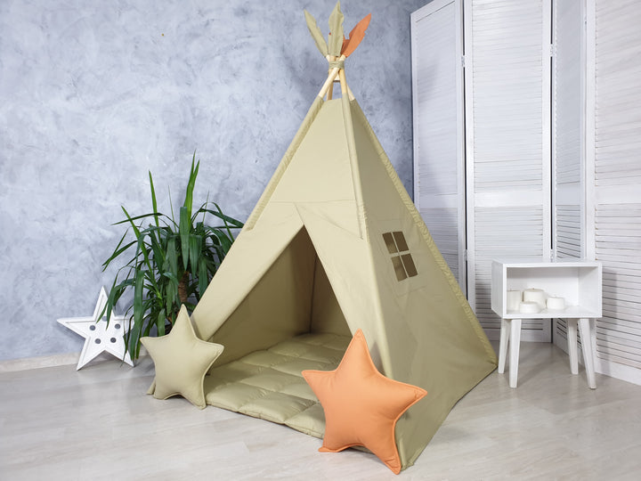 Handmade cotton teepee tent with wooden poles Olive Green Kids Teepee Tent | Boho Play Tent for Toddler Room | Neutral Indoor Tipi Playhouse | Wigwam for Boys & Girls hellolittlefox olive-color-teepee-tent hellolittlefox.myshopify.com Olive Green Kids Teepee Tent | Boho Play Tent for Toddler Room | Neutral Indoor Tipi Playhouse | Wigwam for Boys & Girls hellolittlefox olive-color-teepee-tent hellolittlefox.myshopify.com