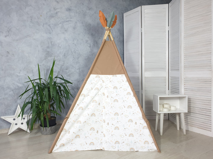 Montessori teepee with window Brown Rainbow Teepee Tent for Kids | Gender Neutral Play Tent | Montessori Wigwam with Window | Boho Tipi Zelt Kinder with Mat Option hellolittlefox copy-of-beige-safari-print-tent-for-girls-and-boys-handmade-from-hello-little-fox hellolittlefox.myshopify.com