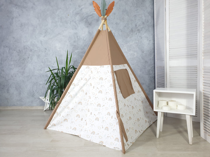 Boho play tent with rainbow print Brown Rainbow Teepee Tent for Kids | Gender Neutral Play Tent | Montessori Wigwam with Window | Boho Tipi Zelt Kinder with Mat Option hellolittlefox copy-of-beige-safari-print-tent-for-girls-and-boys-handmade-from-hello-little-fox hellolittlefox.myshopify.com