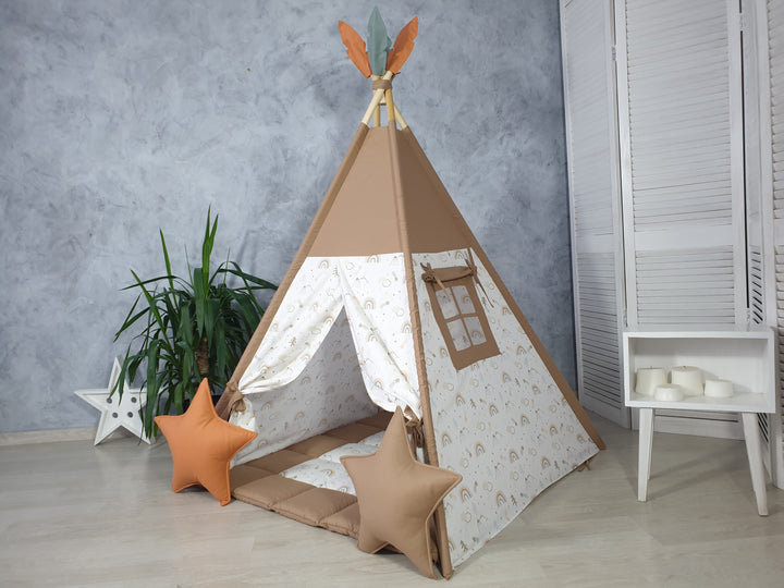 Cotton kids teepee in earthy tones Brown Rainbow Teepee Tent for Kids | Gender Neutral Play Tent | Montessori Wigwam with Window | Boho Tipi Zelt Kinder with Mat Option hellolittlefox copy-of-beige-safari-print-tent-for-girls-and-boys-handmade-from-hello-little-fox hellolittlefox.myshopify.com