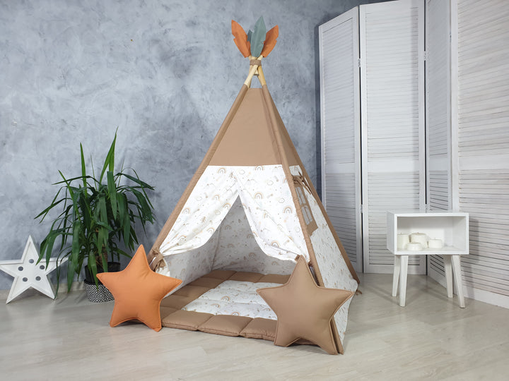 Wigwam for boys and girls Brown Rainbow Teepee Tent for Kids | Gender Neutral Play Tent | Montessori Wigwam with Window | Boho Tipi Zelt Kinder with Mat Option hellolittlefox copy-of-beige-safari-print-tent-for-girls-and-boys-handmade-from-hello-little-fox hellolittlefox.myshopify.com