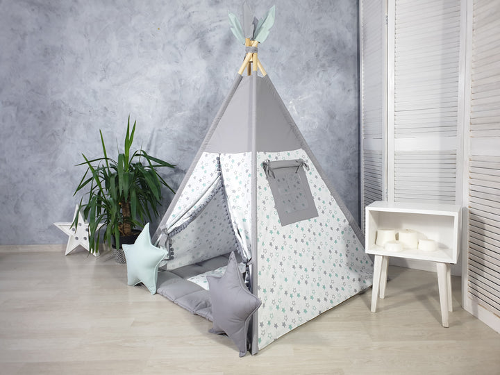 Gray teepee tent for toddlers Gray Kids Teepee Tent with Star Panel | Neutral Indoor Play Tent for Toddlers | Montessori Wigwam for Boys and Girls | Kids Room Decor hellolittlefox teepee-tent-for-kids-playhouse-for-kids-kids-playhouse-indoor-playzone-neutral-teepee-print-mint-and-gray-teepee-tent-star-print hellolittlefox.myshopify.com