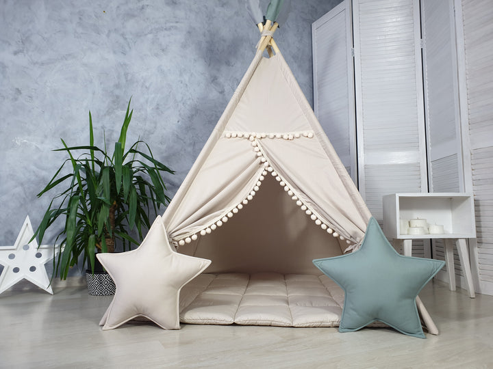 Kids play tent with stabilizing kit Beige Neutral Teepee Tent – Stylish Indoor Playhouse for Boys & Girls | Cozy Cotton Tipi | Christmas Gift for Toddlers hellolittlefox beige-teepee-tent-for-girls-and-boy-handmade-from-hello-little-fox hellolittlefox.myshopify.com