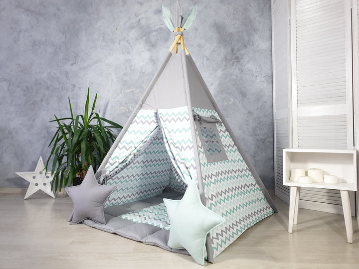 Cozy indoor play tent with zigzag accent Gray Teepee Tent for Kids with Chevron Panel | Neutral Montessori Wigwam | Play Tent for Boys and Girls | Christmas Gift Idea | Tipi Zelt Kinder hellolittlefox kids-tent-teepee-for-kids-gray-neutral-teepee-playhouse-indoor-wigwam-playzone-cozy-tipi-for-boys-girls hellolittlefox.myshopify.com