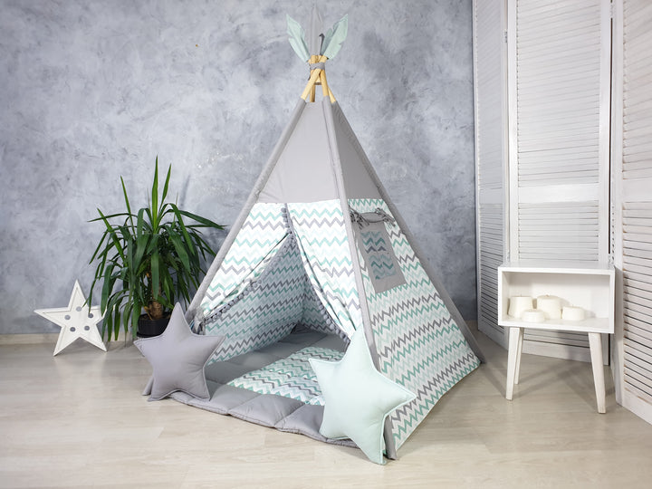 Montessori play tent with zigzag print Gray Teepee Tent for Kids with Chevron Panel | Neutral Montessori Wigwam | Play Tent for Boys and Girls | Christmas Gift Idea | Tipi Zelt Kinder hellolittlefox kids-tent-teepee-for-kids-gray-neutral-teepee-playhouse-indoor-wigwam-playzone-cozy-tipi-for-boys-girls hellolittlefox.myshopify.com