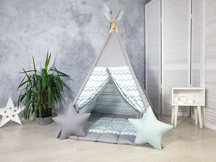Gray playhouse with chevron design Gray Teepee Tent for Kids with Chevron Panel | Neutral Montessori Wigwam | Play Tent for Boys and Girls | Christmas Gift Idea | Tipi Zelt Kinder hellolittlefox kids-tent-teepee-for-kids-gray-neutral-teepee-playhouse-indoor-wigwam-playzone-cozy-tipi-for-boys-girls hellolittlefox.myshopify.com