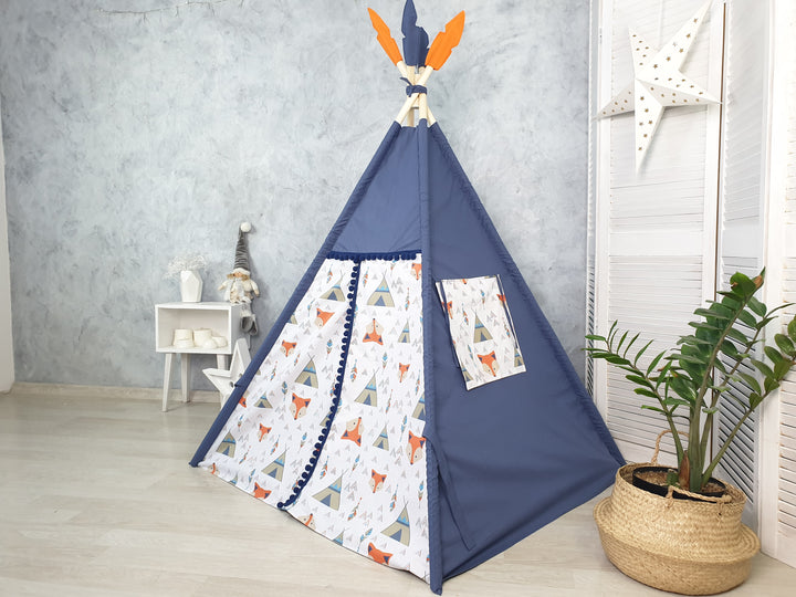Teepee tent with stabilizing kit and window Navy Blue Fox Print Teepee Tent for Kids – Indoor Play Tent for Toddlers, Pretend Play Tipi, Boys Room Decor, 1st Birthday Gift Idea, Woodland Nursery Tent hellolittlefox foxy-teepee-tent-hellolittlefox-studio hellolittlefox.myshopify.com