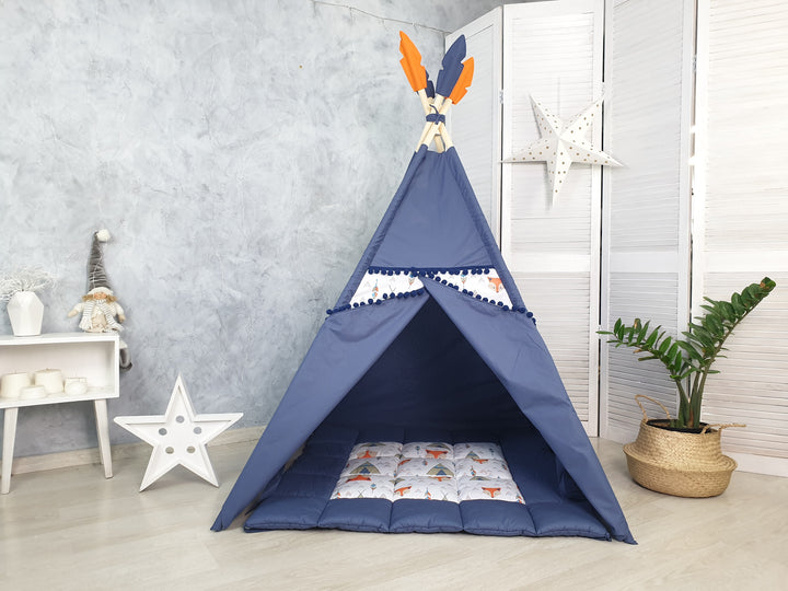 Toddler play tent with wooden poles Navy Blue Fox Print Teepee Tent for Kids – Indoor Play Tent for Toddlers, Pretend Play Tipi, Boys Room Decor, 1st Birthday Gift Idea, Woodland Nursery Tent hellolittlefox foxy-teepee-tent-hellolittlefox-studio hellolittlefox.myshopify.com