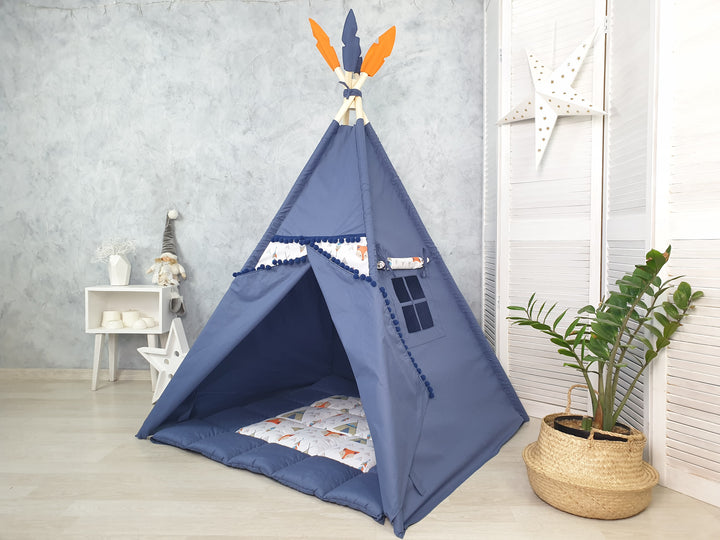 Neutral cotton teepee for boys and girls Navy Blue Fox Print Teepee Tent for Kids – Indoor Play Tent for Toddlers, Pretend Play Tipi, Boys Room Decor, 1st Birthday Gift Idea, Woodland Nursery Tent hellolittlefox foxy-teepee-tent-hellolittlefox-studio hellolittlefox.myshopify.com