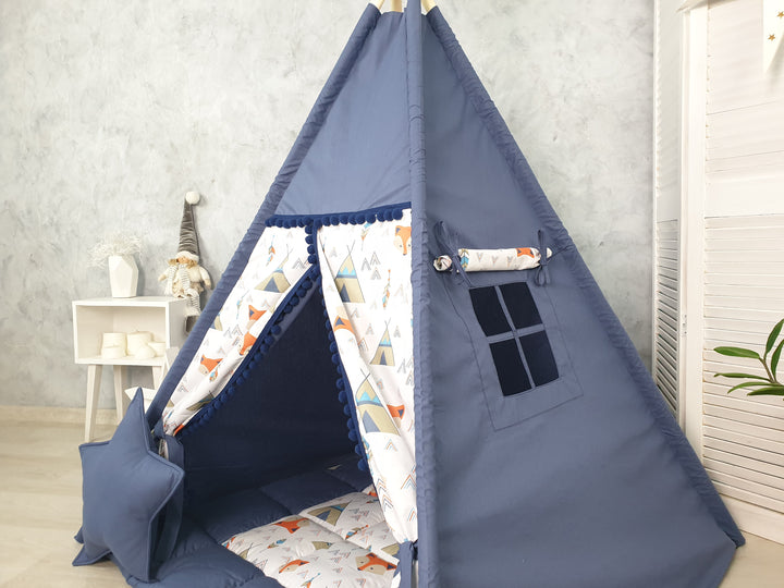 Navy Blue Fox Print Teepee Tent for Kids – Indoor Play Tent for Toddlers, Pretend Play Tipi, Boys Room Decor, 1st Birthday Gift Idea, Woodland Nursery Tent hellolittlefox foxy-teepee-tent-hellolittlefox-studio hellolittlefox.myshopify.com Navy Blue Fox Print Teepee Tent for Kids – Indoor Play Tent for Toddlers, Pretend Play Tipi, Boys Room Decor, 1st Birthday Gift Idea, Woodland Nursery Tent hellolittlefox foxy-teepee-tent-hellolittlefox-studio hellolittlefox.myshopify.com