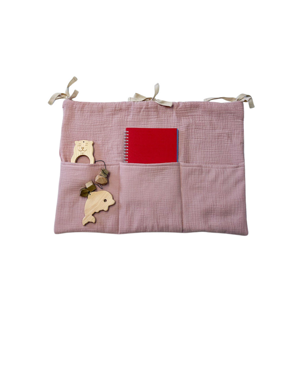  Pink cotton muslin toy pocket with three compartments for baby nursery