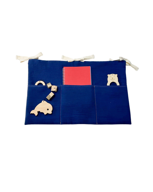 Navy blue muslin crib organizer with three pockets for nursery essentials Muslin toy pocket | Navy Blue hellolittlefox muslin-toy-pocket-navy-blue hellolittlefox.myshopify.com