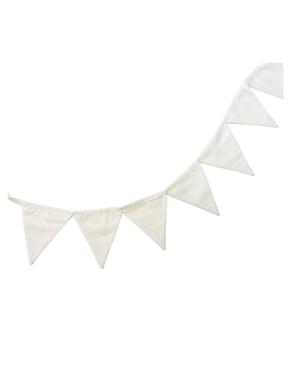 White linen triangle bunting garland hanging on a nursery wall