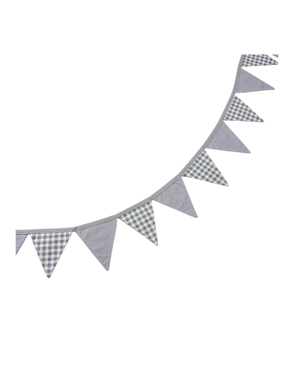 Gray cotton bunting garland with triangle flags for nursery or kids' room decor