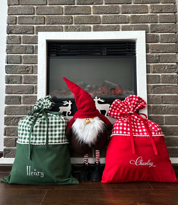 Personalized Christmas Santa sack in red gingham with embroidered name
