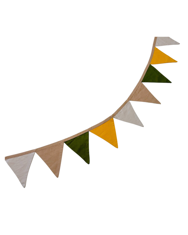 Cotton bunting garland with brown, beige, mustard, and green flags for kids room or teepee