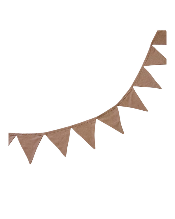 Taupe linen bunting garland hanging on a neutral nursery wall