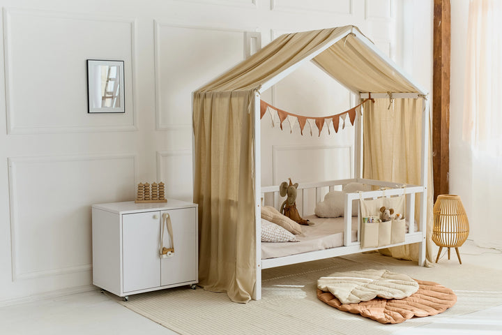 Cozy kids room with beige linen canopy curtains Beige Linen Baby Canopy Curtains – Natural Comfort for Montessori and House Beds hellolittlefox linen-baby-beige-canopy-new-bed-curtains-perfect-for-montessori hellolittlefox.myshopify.com