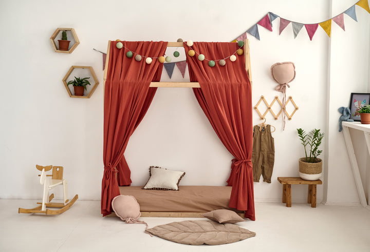 Earthy muslin drapes for crib Terracotta Muslin Bed Curtains – Organic Cotton Canopy for House Bed or Crib | Warm Earthy Nursery Drapes hellolittlefox terracotta-muslin-curtains-for-bed-house hellolittlefox.myshopify.com