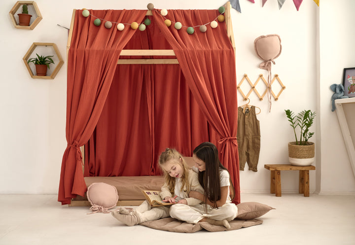 Product image from hellolittlefox - handmade item Terracotta Muslin Bed Curtains – Organic Cotton Canopy for House Bed or Crib | Warm Earthy Nursery Drapes hellolittlefox terracotta-muslin-curtains-for-bed-house hellolittlefox.myshopify.com