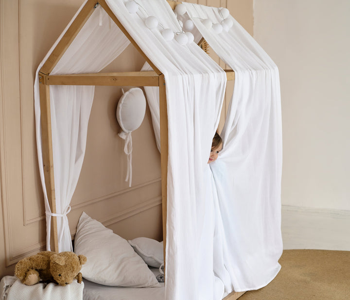 Muslin curtain for house bed White Muslin Bed Curtains – Soft Cotton Canopy for Toddler or House Bed | Organic Nursery Drapes hellolittlefox white-muslin-curtains-for-bed-house hellolittlefox.myshopify.com