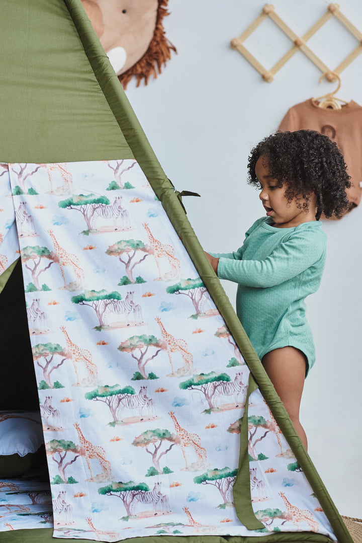 Cotton play tent with stabilizing kit Safari Print Kids Teepee Tent – Dark Green Play Tent for Toddlers | Neutral Indoor Playhouse with Mat | Montessori Gift Idea hellolittlefox toddler-teepee-tent-for-kids-safari-print-green-playhouse-neutral-teepee-for-kids-playroom-indoor-kids-tent hellolittlefox.myshopify.com