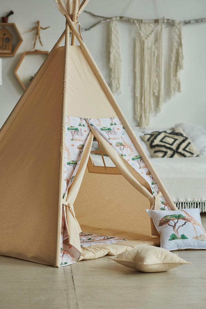 Toddler playing inside cotton teepee Safari & Beige Kids Teepee Tent – Neutral Indoor Play Tent for Toddlers | 1st Birthday Gift | Tipi Zelt Kinder for Baby Room Decor hellolittlefox teepee-kids-teepee-kids-play-tent-1-year-old-baby-gift-teepees-for-kids-kids-tipi-zelt-kinder-play-tent-for-kid-pretend-play-teepee hellolittlefox.myshopify.com