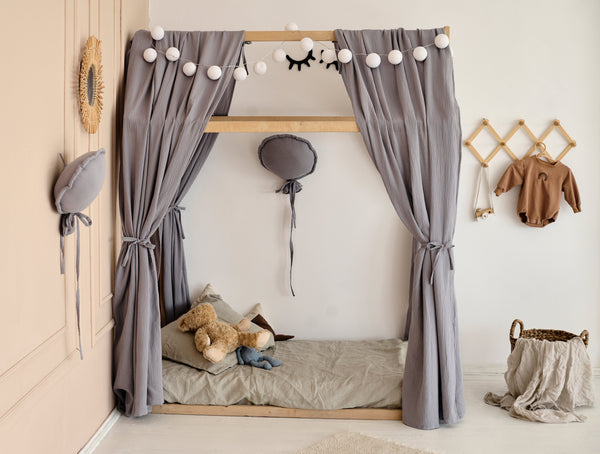 Gray muslin curtains hanging on house bed Gray Muslin Curtains for Bed & House Frame | Neutral Canopy for Montessori & Toddler Bed hellolittlefox gray-muslin-curtains-for-bed-house hellolittlefox.myshopify.com