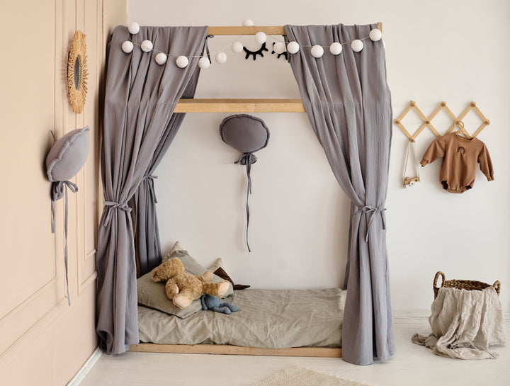 Gray muslin curtains hanging on house bed Gray Muslin Curtains for Bed & House Frame | Neutral Canopy for Montessori & Toddler Bed hellolittlefox gray-muslin-curtains-for-bed-house hellolittlefox.myshopify.com