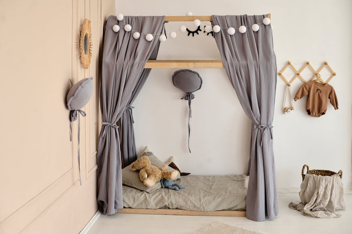 Gray Montessori bed canopy with ties Beige Montessori for toddlers House bed Lightweight canopy, curtains hellolittlefox beige-montessori-for-toddlers-house-bed-lightweight-canopy-curtains hellolittlefox.myshopify.com