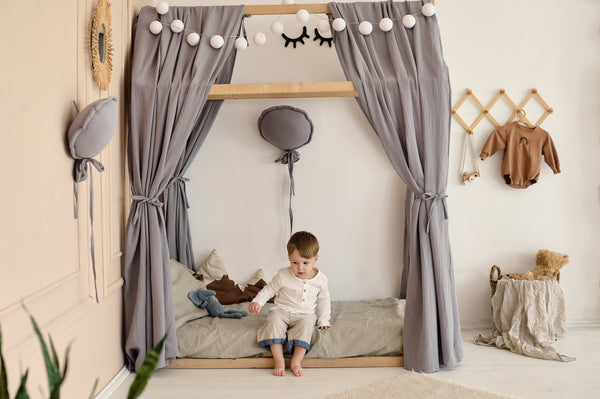 Gray muslin curtains for bed, house