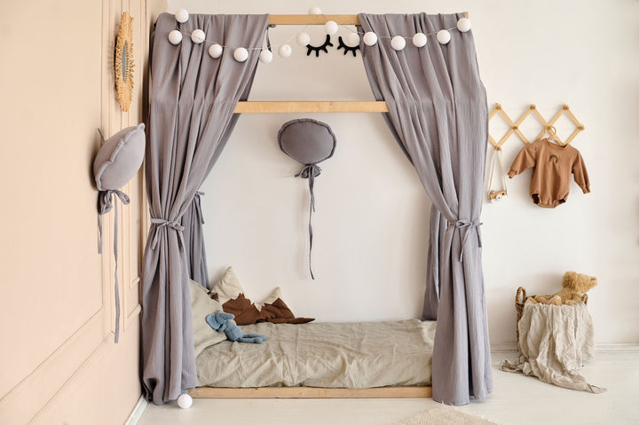 Toddler house bed with gray muslin cover Gray Muslin Curtains for Bed & House Frame | Neutral Canopy for Montessori & Toddler Bed hellolittlefox gray-muslin-curtains-for-bed-house hellolittlefox.myshopify.com