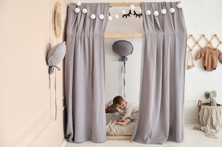 Modern nursery with gray bed curtains Gray Muslin Curtains for Bed & House Frame | Neutral Canopy for Montessori & Toddler Bed hellolittlefox gray-muslin-curtains-for-bed-house hellolittlefox.myshopify.com