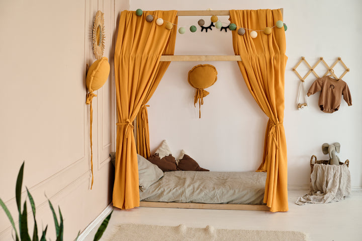 Cozy mustard house bed canopy made from cotton muslin Mustard Muslin Curtains for Bed, House | Organic Cotton Bed Drapes for Cribs, Toddler Beds & Montessori House Beds hellolittlefox muslin-curtains-for-bed-house hellolittlefox.myshopify.com