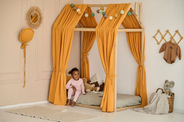 Mustard Montessori bed curtains with ties Mustard Muslin Curtains for Bed, House | Organic Cotton Bed Drapes for Cribs, Toddler Beds & Montessori House Beds hellolittlefox muslin-curtains-for-bed-house hellolittlefox.myshopify.com